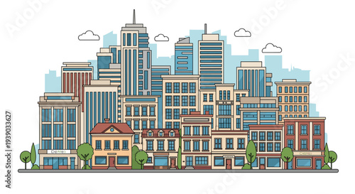 Modern city skyline with numerous skyscrapers of different styles and heights represents a bustling urban environment and architecture.
