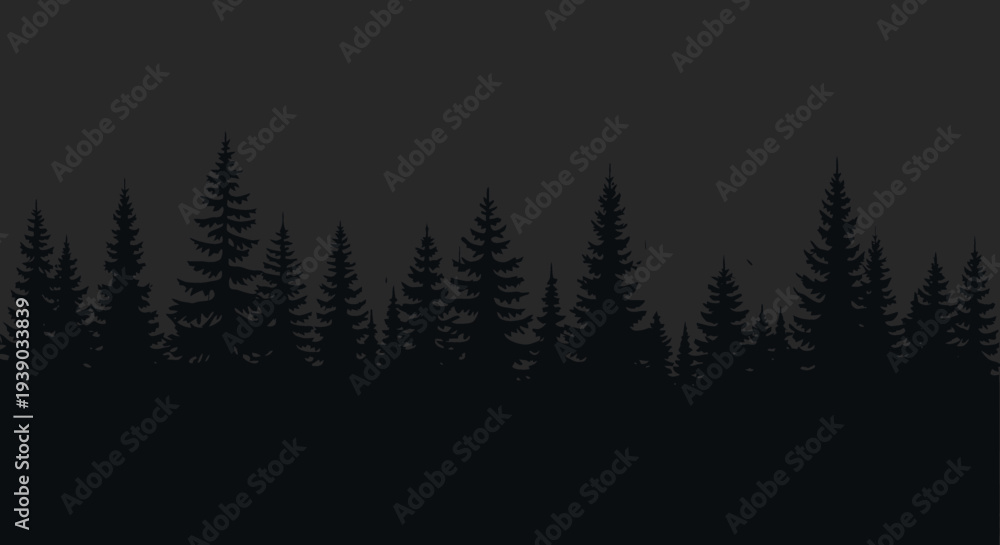 Obraz premium Dark silhouette of a dense coniferous forest line, featuring tall pine trees against a shadowy, minimalist sky, creating a serene nocturnal wilderness backdrop illustration