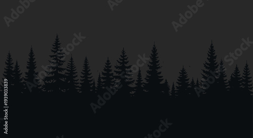 Dark silhouette of a dense coniferous forest line, featuring tall pine trees against a shadowy, minimalist sky, creating a serene nocturnal wilderness backdrop illustration