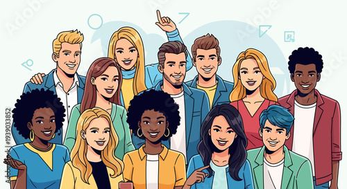 A diverse group of young, happy, smiling friends standing together in a brightly colored illustration representing friendship and unity