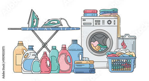 Laundry room scene with a washing machine and ironing board surrounded by many bottles of detergent for household cleaning.