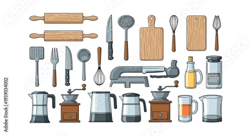 Collection of kitchen utensils and appliances like rolling pins and coffee makers provides a complete set for cooking and baking.