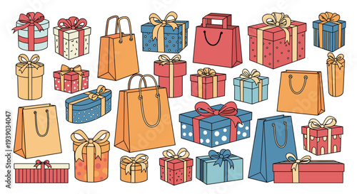 Large variety of gift boxes and shopping bags in different colors and patterns provides a festive collection for celebrations.