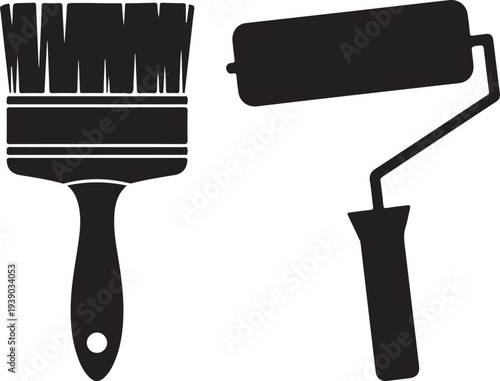 Versatile painting tools collection featuring an classic bristled paintbrush and a practical paint roller, ideal for home renovation, artistic projects, and wall decoration tasks