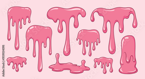 Collection of pink slime drips and gooey liquid splashes in pixel art style for game design elements on a light background.