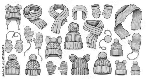 Set of hand-drawn sketches of winter knitted accessories including wool hats with pom poms, cozy scarves, and warm mittens for cold weather.