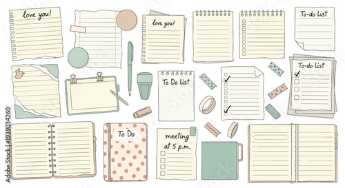 Assorted collection of hand-drawn paper notes, sticky pads, to-do lists, and decorative washi tapes for bullet journaling and scrapbooking.