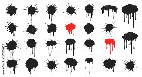 Selection of black ink splatters and dripping paint blots with unique red accents isolated on a white background for artistic design projects.