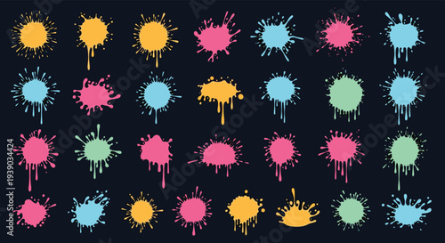 Vibrant collection of colorful paint splatters and dripping spots in neon tones against a dark navy blue background for energetic graphic design.