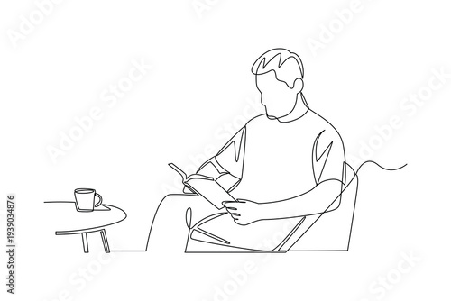 Man Reading Book Armchair. Reading book in cozy corner Concept. Single line draw design Video 4k. Footage graphic illustration