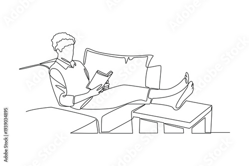 Man Reading Book Comfortably. Reading book in cozy corner Concept. Single line draw design Video 4k. Footage graphic illustration