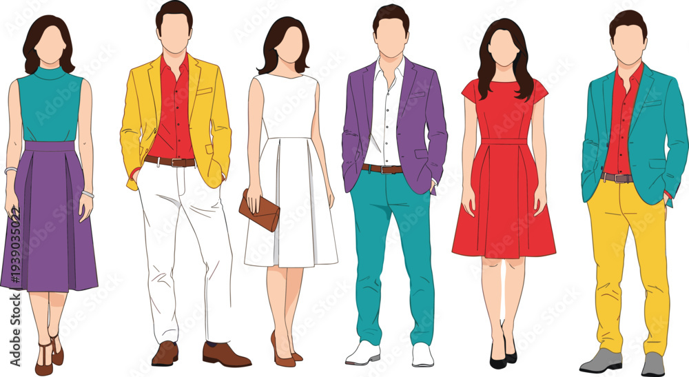 Obraz premium Fashion vector illustration diverse men women colorful coordinated outfits teal purple red yellow white dresses blazers pants modern flat design style