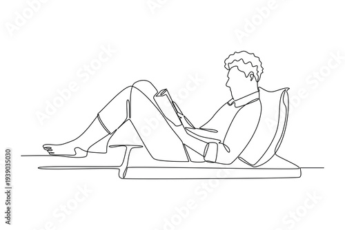 Man Reading Book Relaxing. Reading book in cozy corner Concept. Single line draw design Video 4k. Footage graphic illustration
