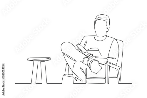 Man Reading Book Quiet Corner. Reading book in cozy corner Concept. Single line draw design Video 4k. Footage graphic illustration