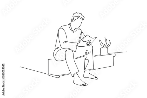 Man Reading Book Sofa. Reading book in cozy corner Concept. Single line draw design Video 4k. Footage graphic illustration