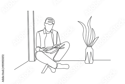 Man Reading Book Wooden Chair. Reading book in cozy corner Concept. Single line draw design Video 4k. Footage graphic illustration