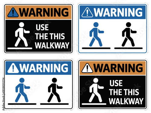 Collection of warning signs for pedestrian walkway directions and safety instructions