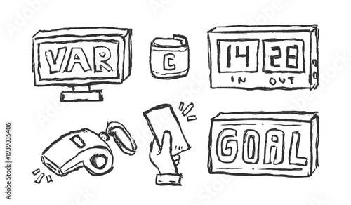 Football referee equipment hand drawn illustration. Set of soccer kit collection vector icon doodle. Containing VAR monitor, captain ban, whistle, red card, substitution board outline style design.