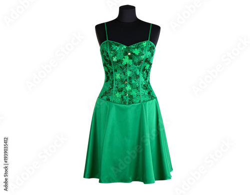 Firefly_A green color st Patrick day t shirt with clover leaf pattern design on an isolated b - Firefly_A green st Patrick day clover leaf pattern corset dress on a mannequin on an isolated