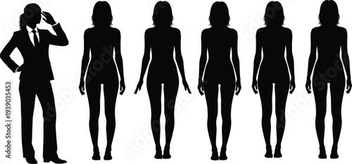Group of business women silhouettes in formal suits and elegant poses, confident female professionals standing full body isolated on white background vector.