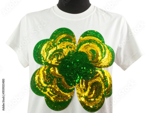 Firefly_A green color st Patrick day t shirt with clover leaf pattern design on an isolated b - Firefly_A green color st Patrick day t shirt with clover leaf pattern design on an isolated b