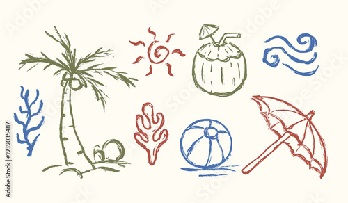 Tropical beach hand drawn illustration set. Summer vintage vector doodle elements. Scribble beach icon collection containing coconut, ocean, starfish, coral, sunset, ball, umbrella, palm tree.