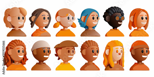 Diverse group of cartoon faces with varying hairstyles and skin tones