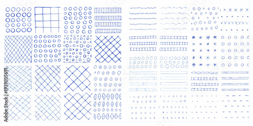 Collection of various hand drawn line patterns and geometric shapes