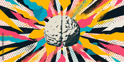 A human brain is depicted amidst a vibrant abstract explosion of color
