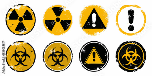 Collection of warning and biohazard symbols in distressed circular designs