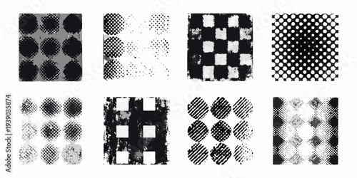 Abstract collection of halftone dots and distressed square patterns
