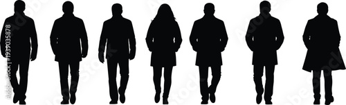 Group of diverse business people silhouettes walking in line, men and women in formal coats and suits, corporate team success concept on white background.