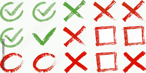 Collection of hand drawn checkmarks crosses and squares in vibrant colors