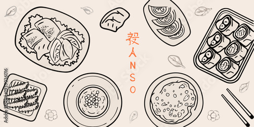 A collection of hand drawn japanese food illustrations with asian characters