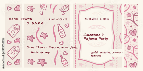 Galentine s pajama party invitation with hand drawn illustrations and pink accents
