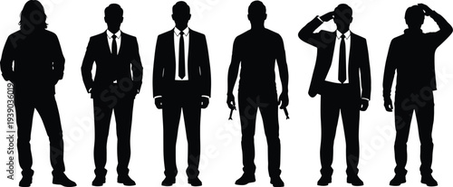 Group of diverse men in business suits and casual outfits standing silhouettes, various confident poses isolated on white background vector illustration.