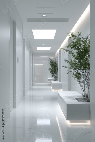 modern dental clinic hallway, minimalist architecture, soft daylight, white walls, clean doors, subtle waiting bench