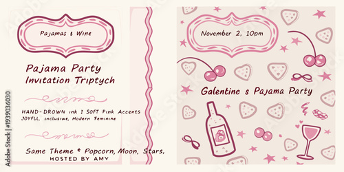 A triptych invitation for a pajama party and galentine s event