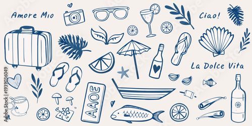 Italian summer vacation doodles with travel essentials and citrus motifs