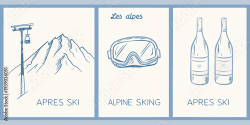 A triptych illustrating elements associated with an alpine ski vacation