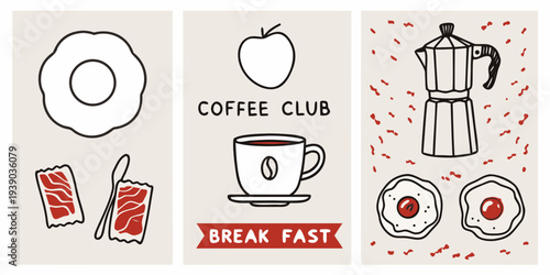 Stylized breakfast icons featuring coffee eggs and bacon illustrations