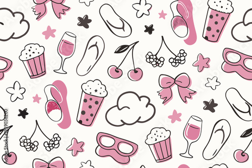 A playful pattern of pink sweets drinks and celebratory objects