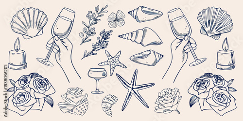 A delicate collection of hand drawn shells flowers and celebratory glassware