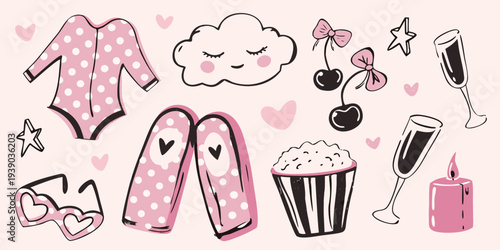 Cute pink illustrated collection featuring pajamas sweets and romantic elements