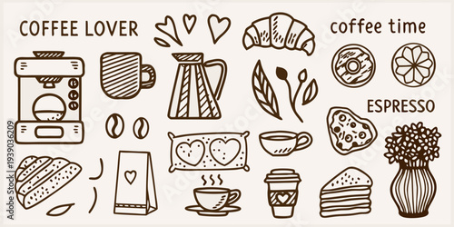 Coffee lover s illustrated banner with pastries beans and brewing equipment