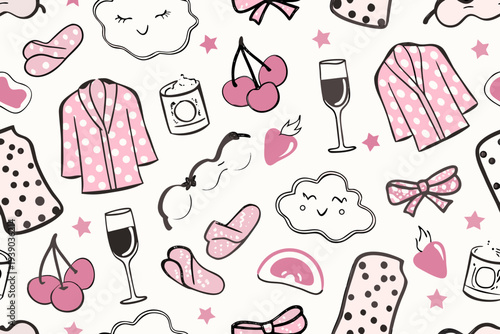 A playful pattern featuring self care items and sweet treats