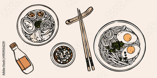 Overhead view of japanese ramen soy sauce and chopsticks illustration