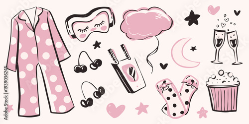 A playful illustration of pajama party essentials and sweet treats