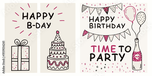 Festive birthday illustrations with cakes balloons and celebratory text