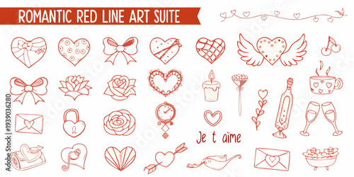 Collection of hand drawn red line art icons for love and romance